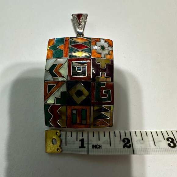 Peruvian 950 Sterling Silver Pendant | Rectangular Mosaic Inlay | Natural Stones - Picture 6 of 12